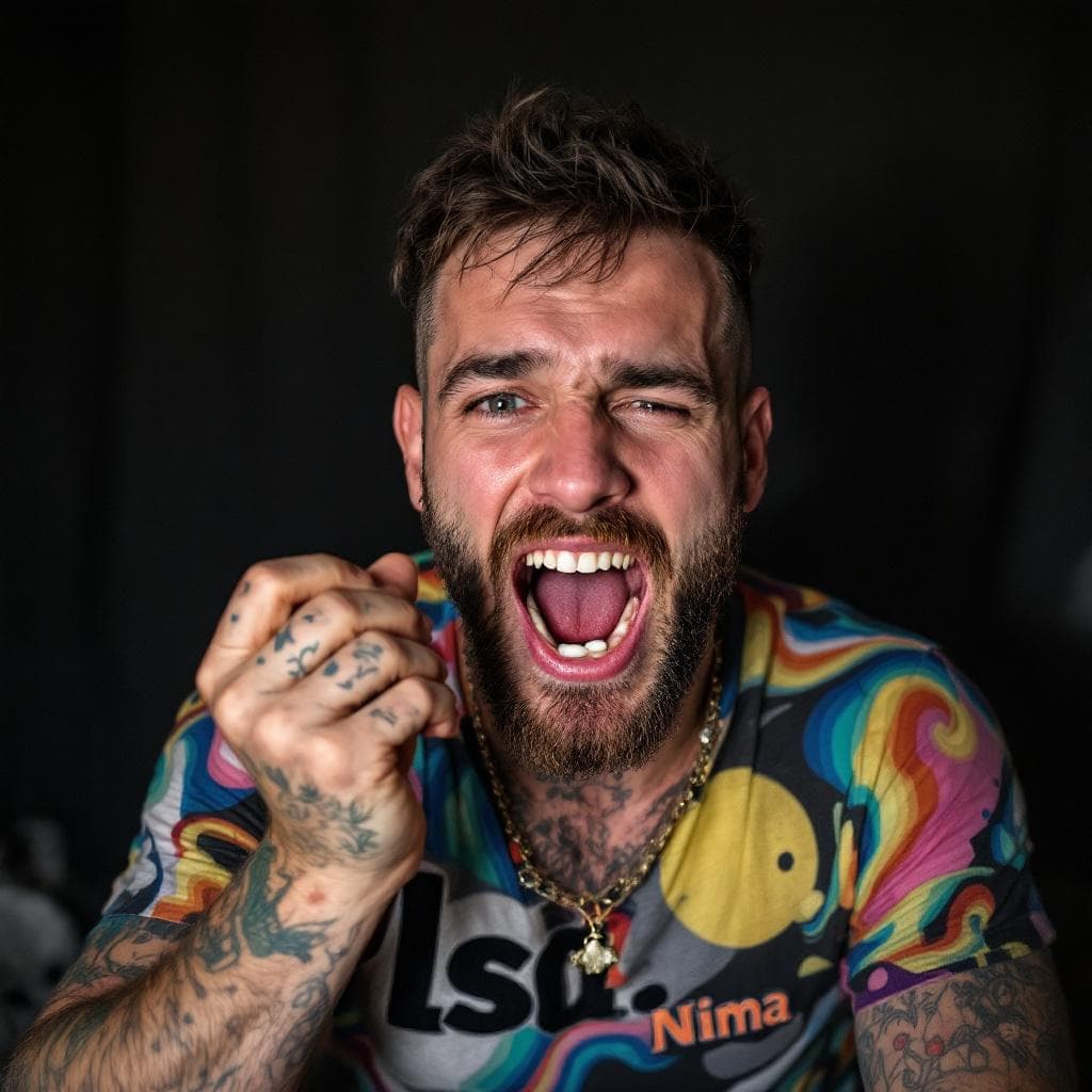 AI generated: a gay man doing with a pill in his mouth and a shirt that says lsd and says Nima.
