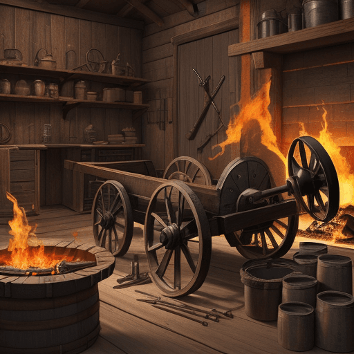 AI generated: create an ultra realistic image of A blacksmith forging metal rims for wooden wagon wheels, surround...