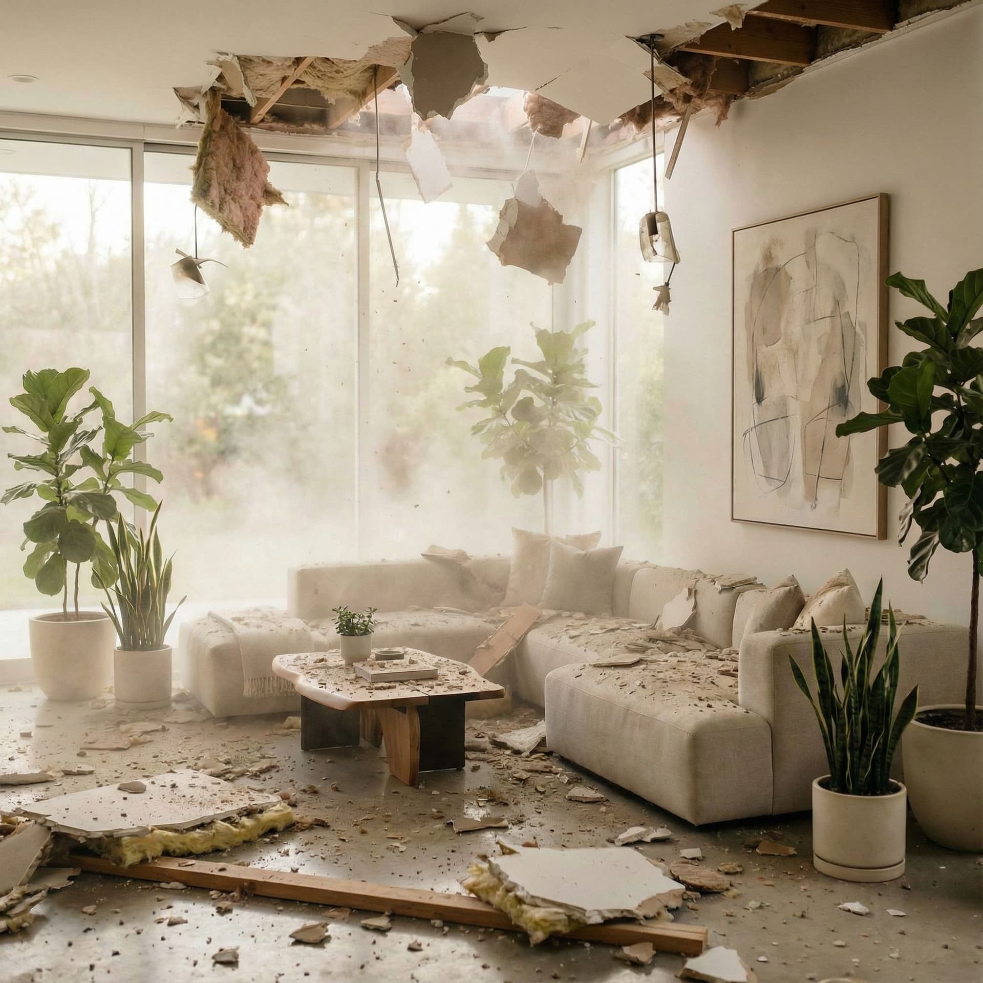 AI generated: make the ceiling collapse and fill the entire place with dust