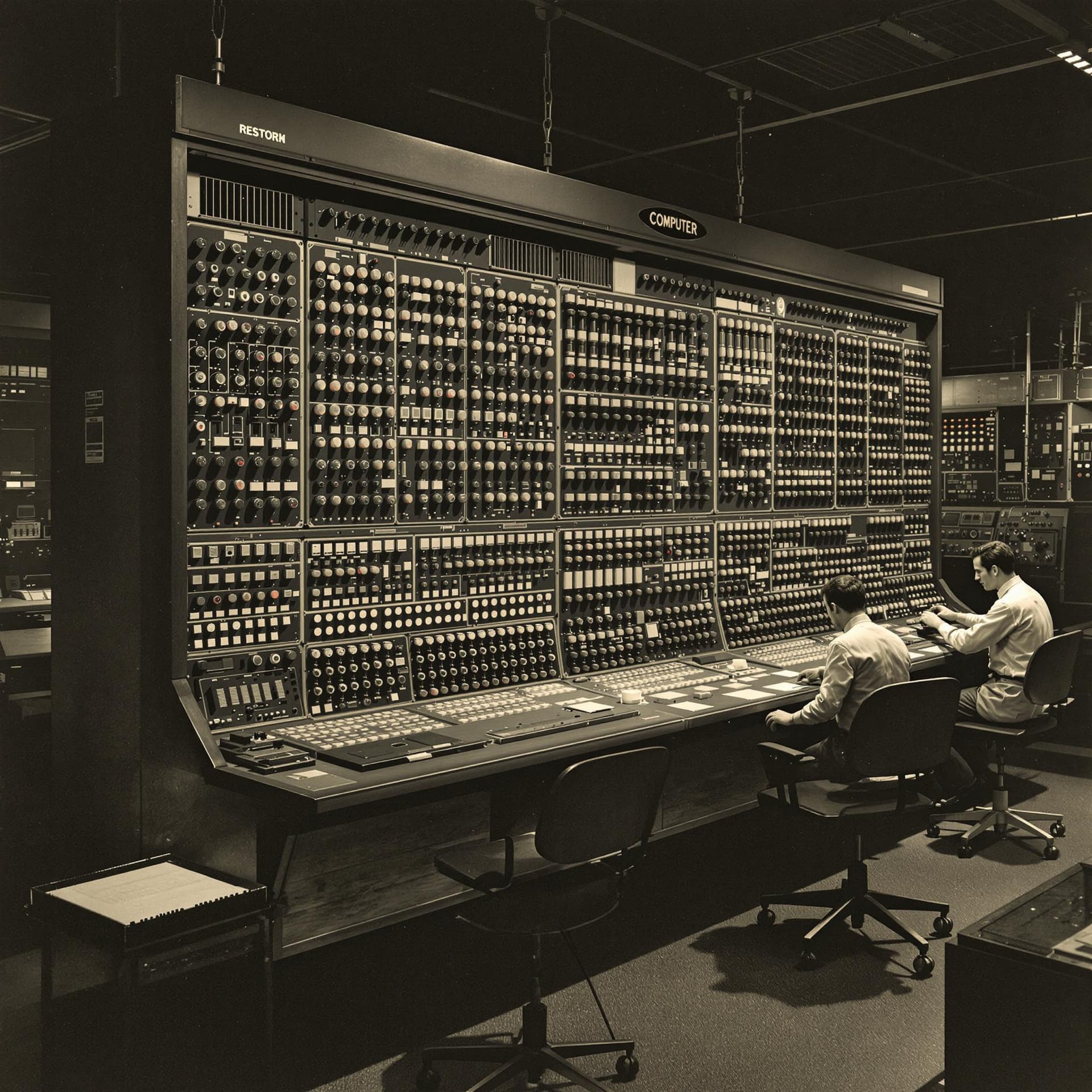 AI generated: Create an image of a first-generation computer from the mid-20th century. The computer should featur...