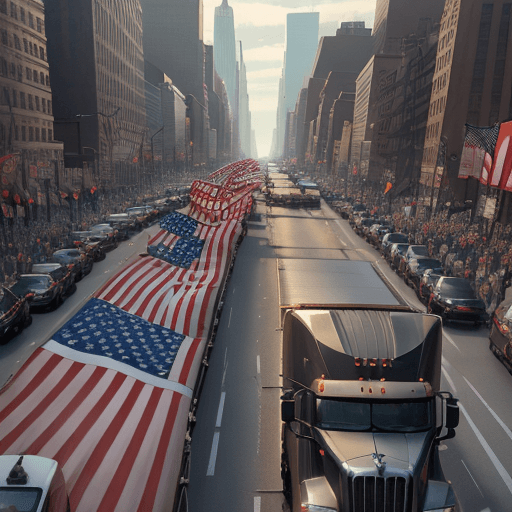 AI generated: truckers for trump blockade New York city, brining it to it's knees. Wide angle, trending on artstat...