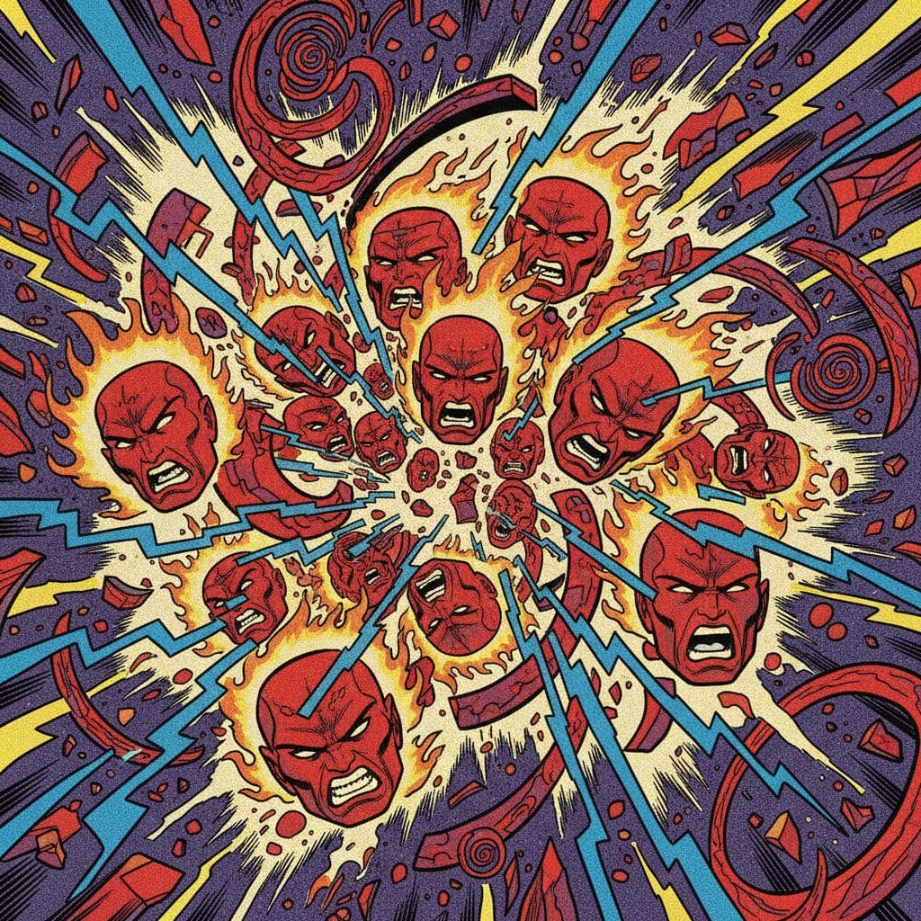 AI generated: A Jack Kirby–inspired comic book illustration. Bold chaotic energy fills the page: multiple red head...