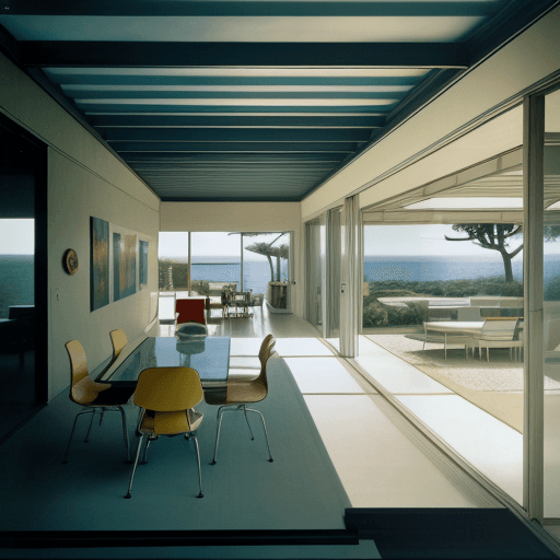 AI generated: Hyper realistic eye level exterior photo of a mid century modern style house overlooking the ocean, ...