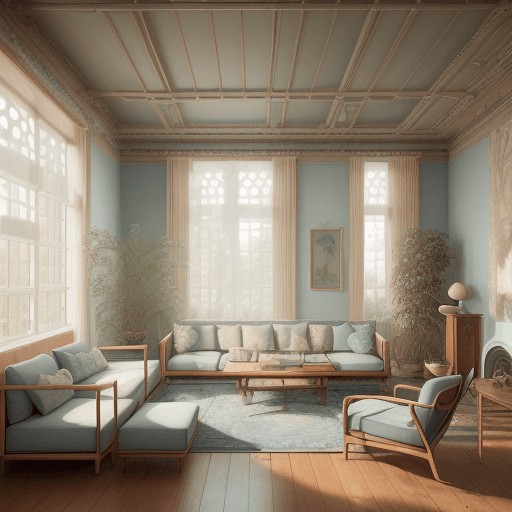 AI generated: High resolution photography interior design, dreamy sunken living room conversation pit, wooden floo...