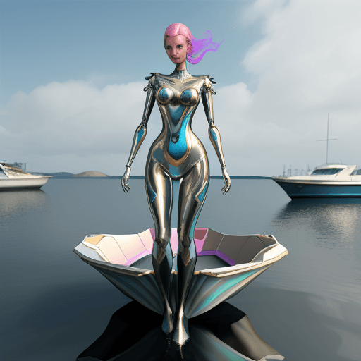AI generated: commercial photo of a stunning woman standing in water near a boat, in the style of colorful futuris...