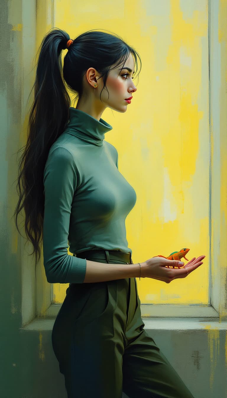 AI generated: A cinematic abstract painting of a pensive woman with a long, flowing ponytail. She is wearing a tur...