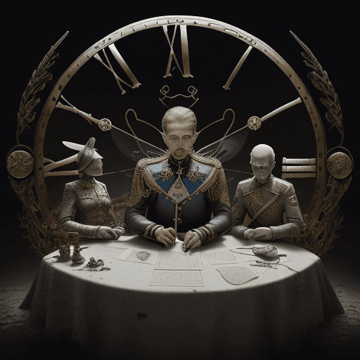 AI generated: End of Russo-Ukrainian War ::10, Intricate peace treaty signing, detailed human figures, Salvador Da...