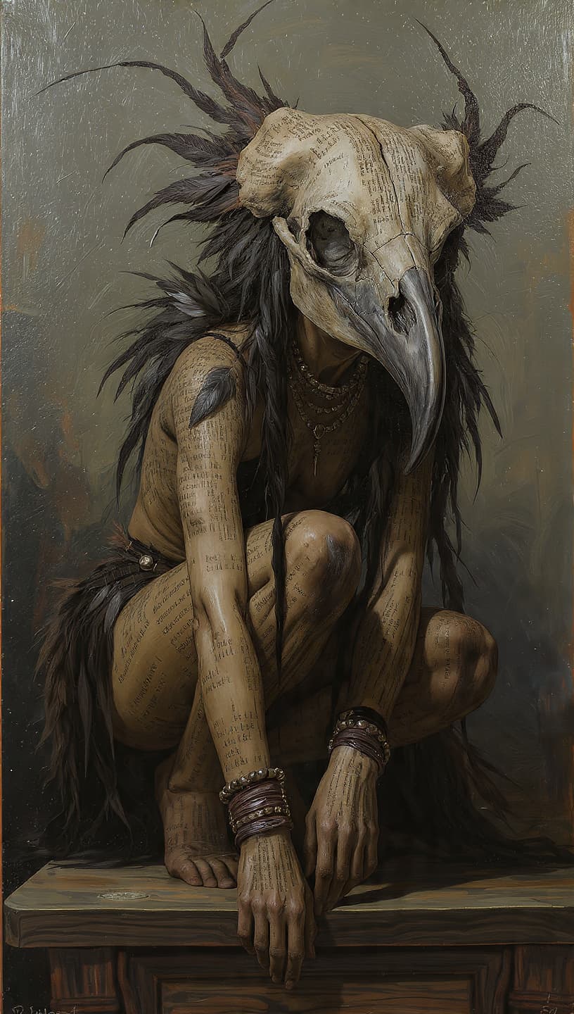 AI generated: A mystical character design featuring a humanoid figure adorned with a large crow skull (keyword:1.2...
