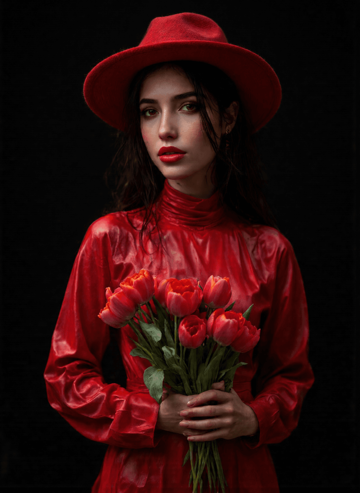 AI generated: The image depicts a very stylish woman wearing a striking red outfit that appears to be made of a gl...