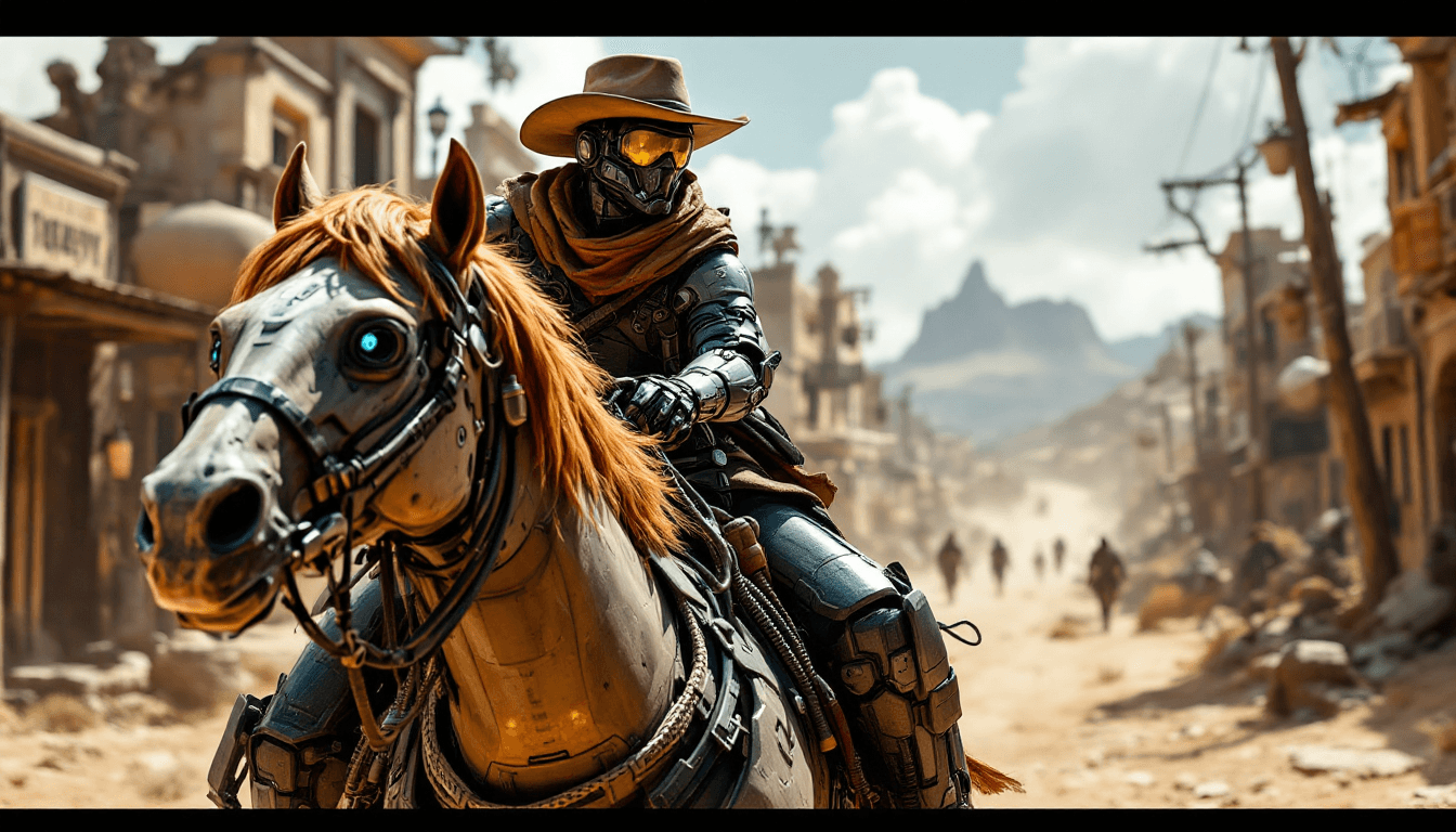 AI generated: A cyber-enhanced cowboy in the 'Cybernetic Wild West', with robotic limbs and high-tech gear, riding...