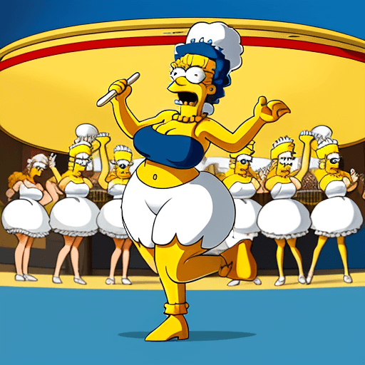 AI generated: a cartoon style image in the style of The Simpsons of a large white swan holding drum beaters, stood...