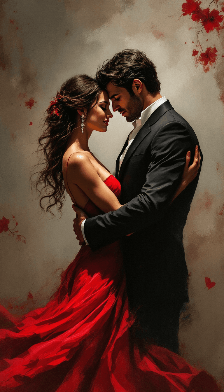 AI generated: A passionate couple embraces closely in a romantic dance, locked in a deep, emotional moment. The wo...
