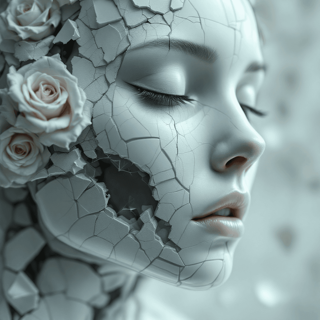AI generated: Death of a beautiful humanoid female,  close up of a broken android, digital art, cracked porcelain ...