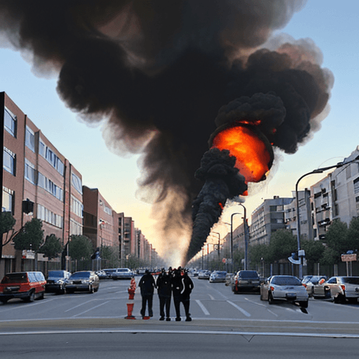 AI generated: Dui explosions and escalating smoke columns from the surrounding residential buildings in the city, ...
