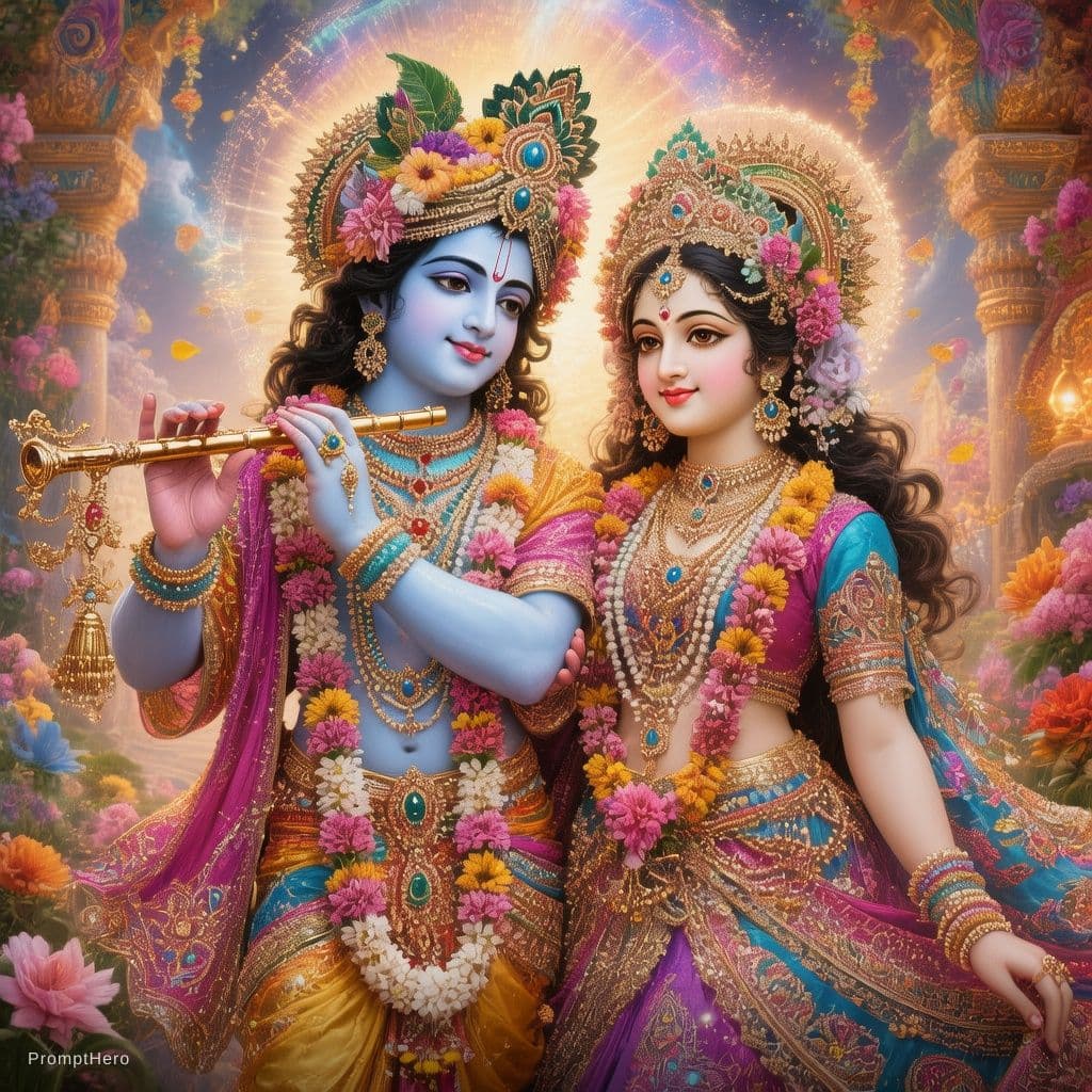 AI generated: "A highly detailed and vivid depiction of Lord Krishna and Radha in their divine splendor. Lord Kris...