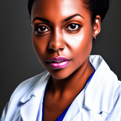 AI generated: photography, high quality, portrait of black woman, white doctor coat, intricate, beautiful and eleg...