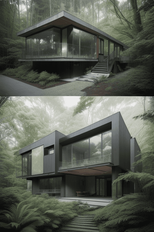AI generated: architectural photography, wide shot of a modern house embedded in a natural forest environment, hig...