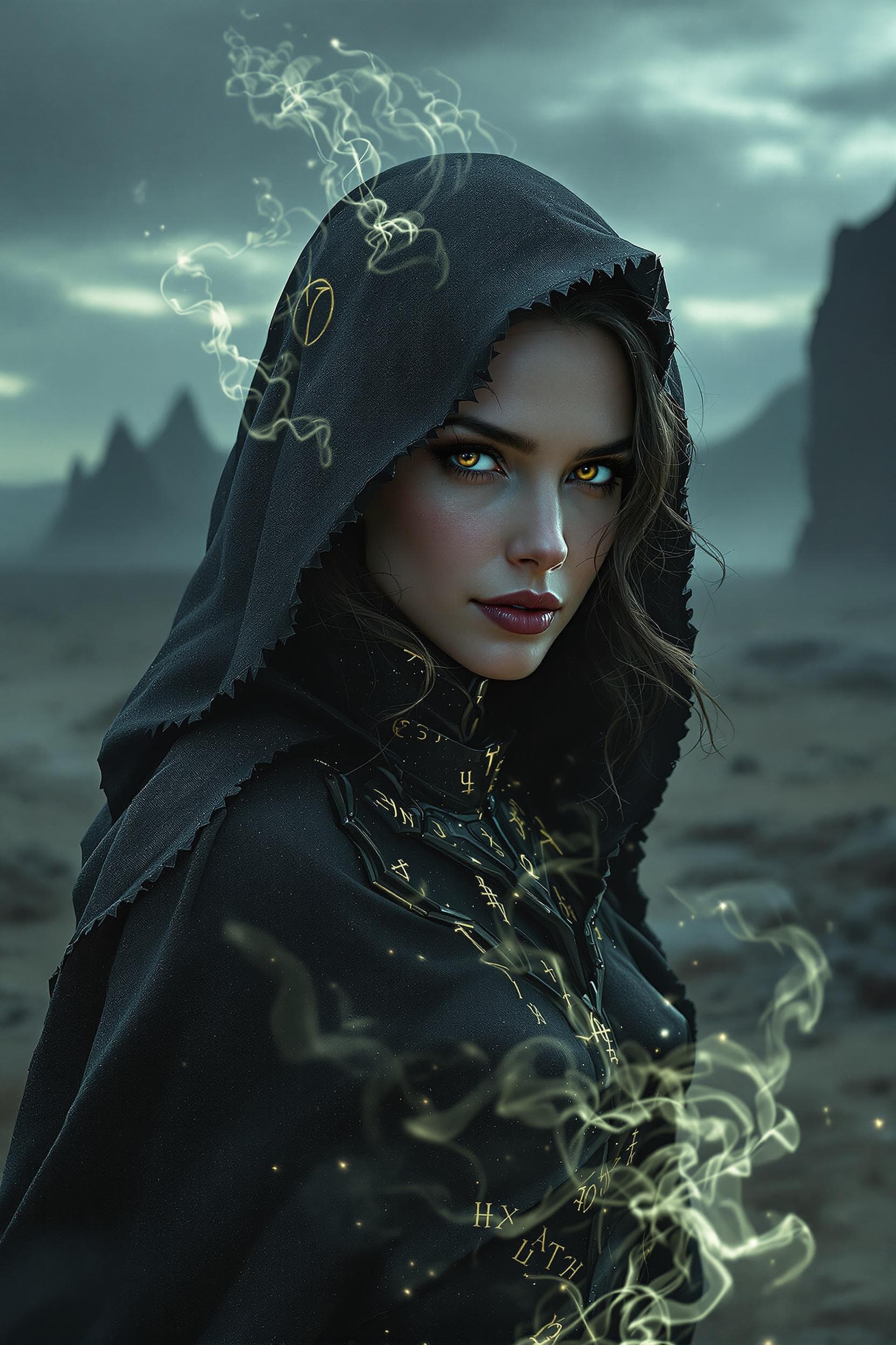 AI generated: Ultra-photorealistic cinematic film still of Alicia Vikander reimagined as the Grim Reaper, blending...
