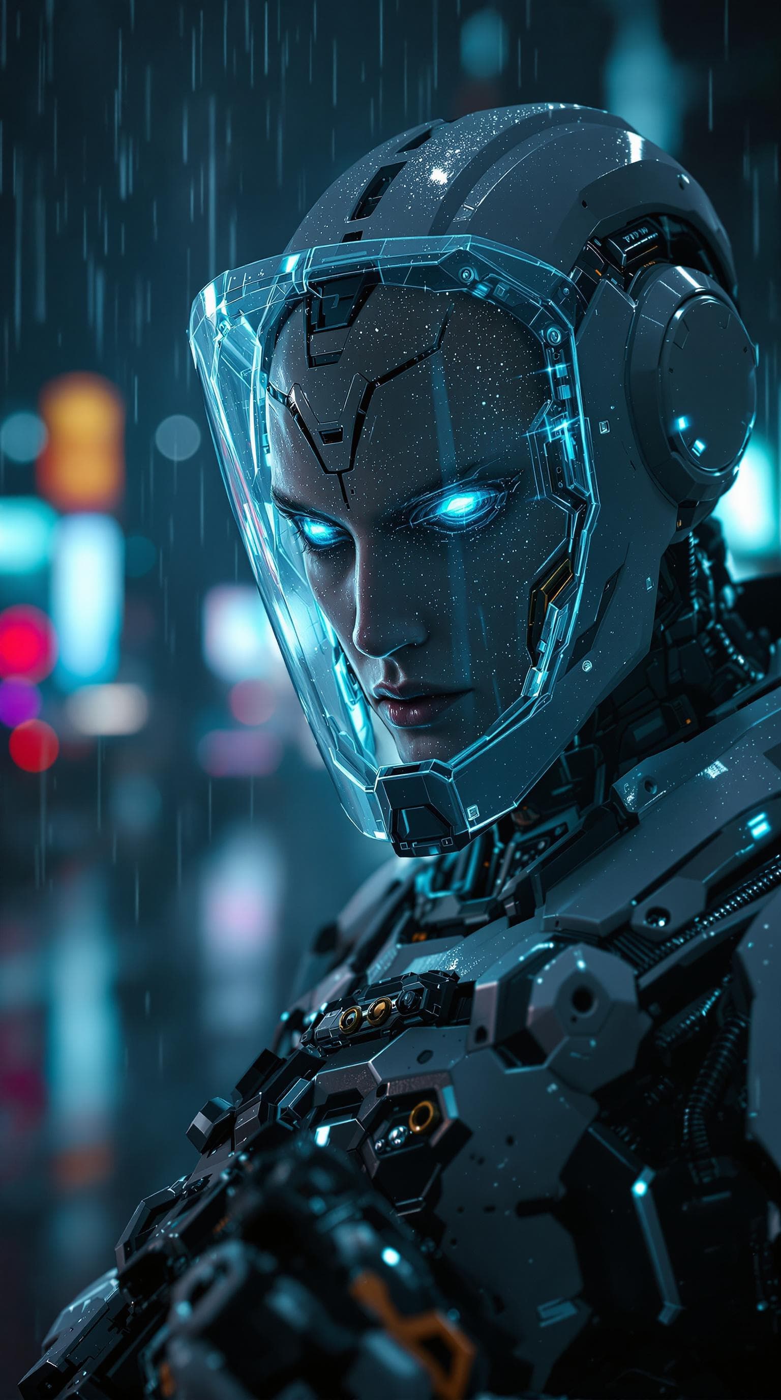 AI generated: Futuristic cyborg with face showing, have a translucent glass shield covering his face to protect hi...