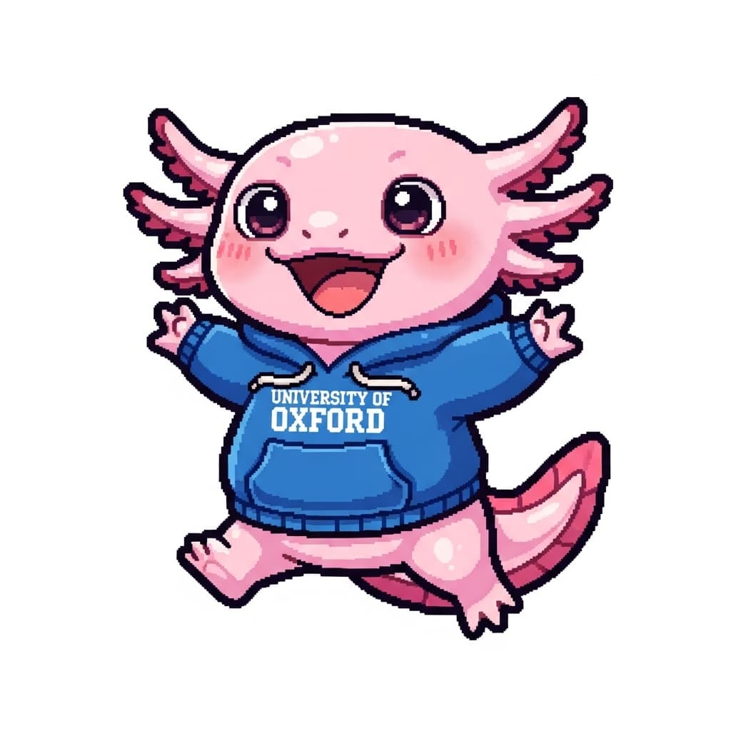 AI generated: A cute 2d sprite Axolotl wearing a hoodie of blue color from the University of Oxford, which is exci...
