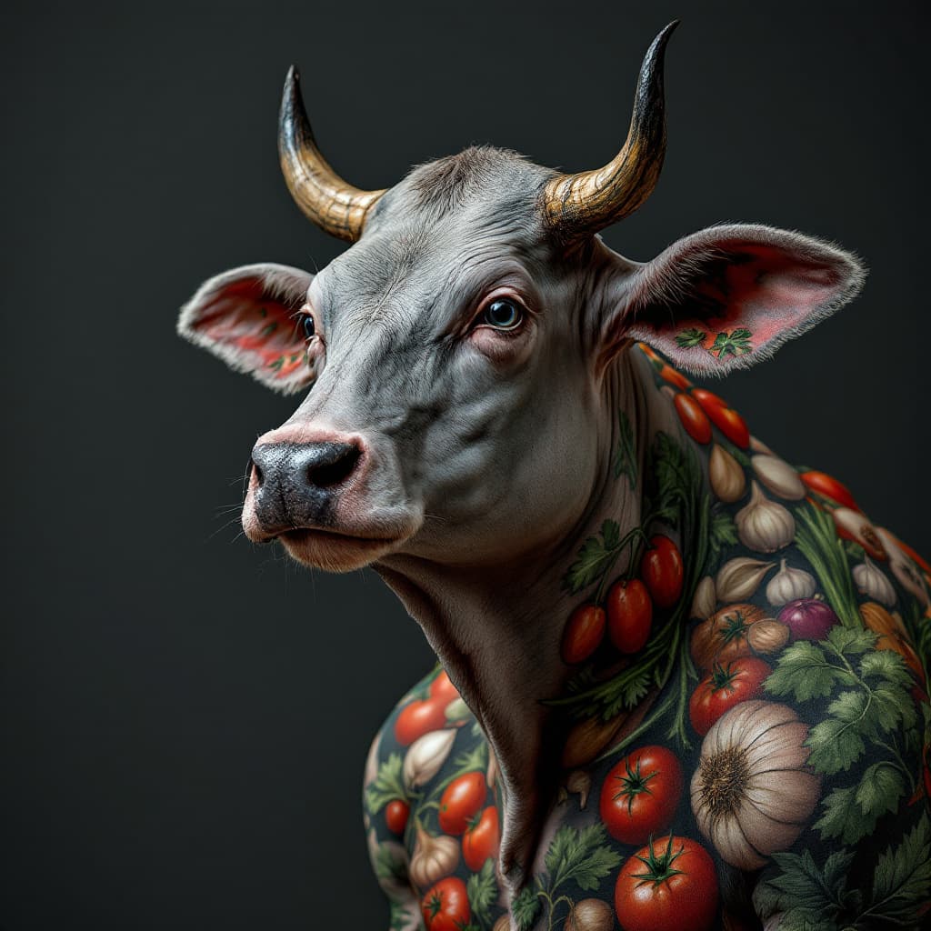 AI generated: photography close up, studio portrait, hairless big fat grey cow thin lines tattooed with tomatos, o...