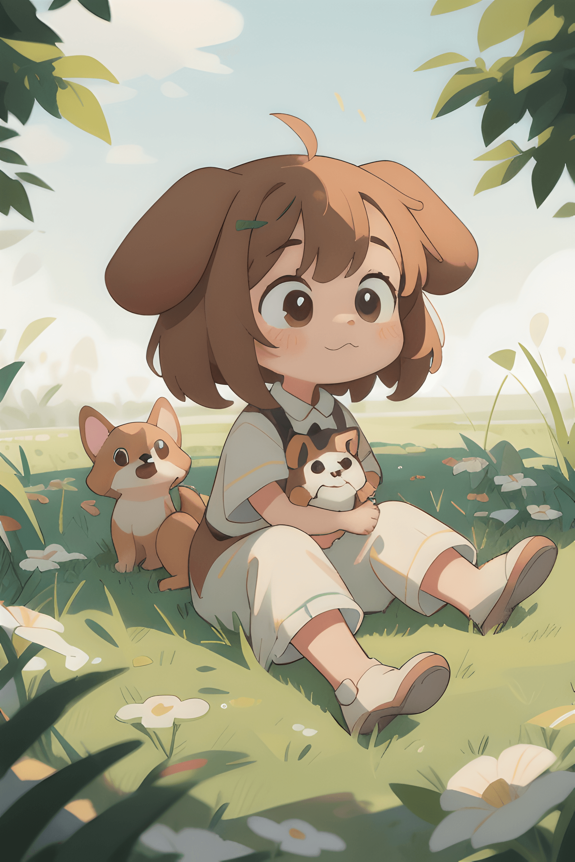 AI generated: A cute adorable girl with a dog sitting on a grass field,((masterpiece))