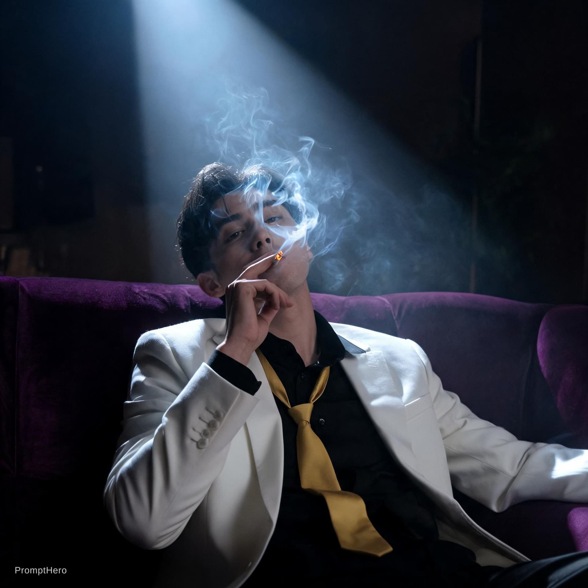 AI generated: snapshot, dimly lit room with a hazy atmosphere, capturing a male model lounging on a deep purple co...