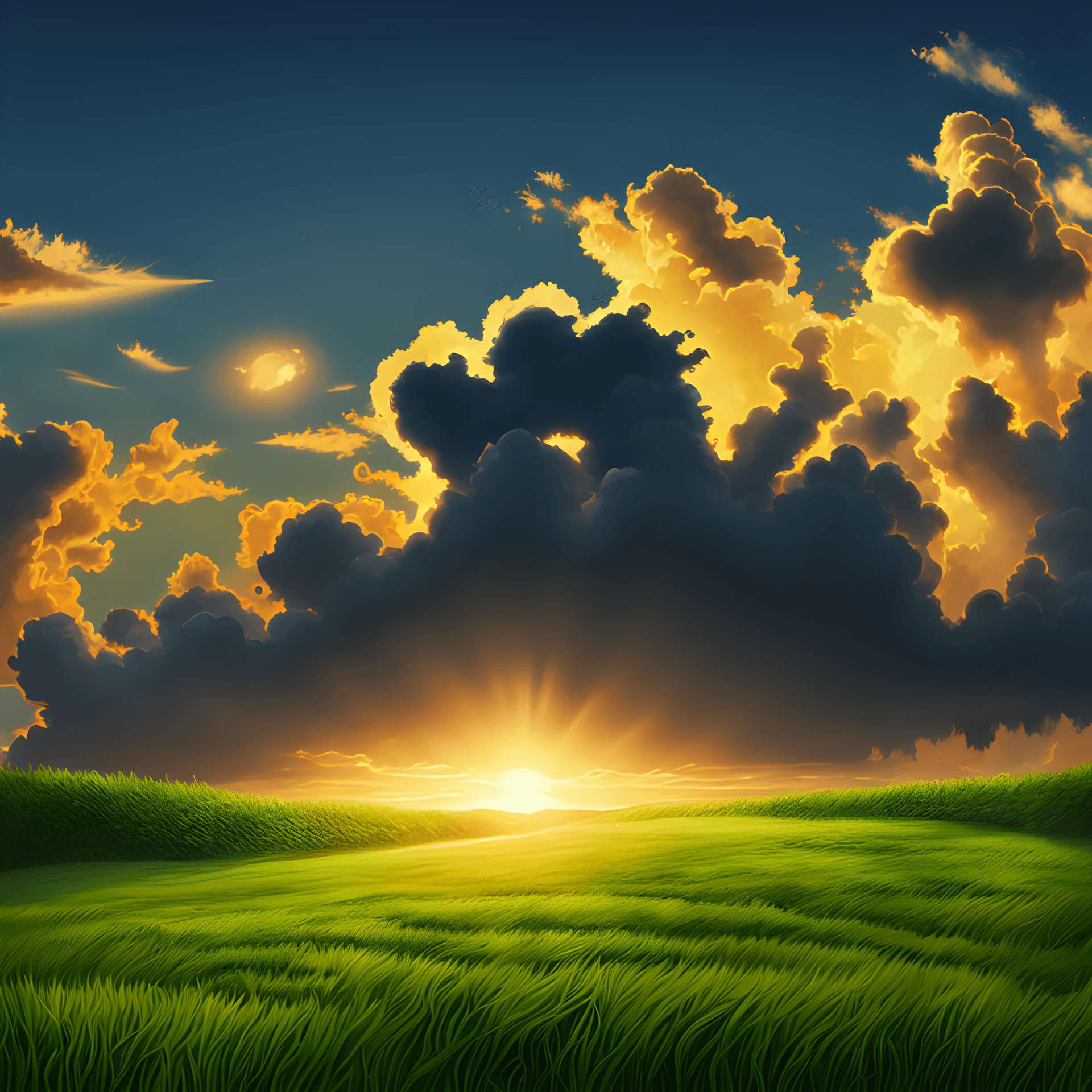 AI generated: (masterpiece),Beautiful grass field,clouds, by studio ghibli,Nij,(evening:1)cinematic still,hdr,(god...