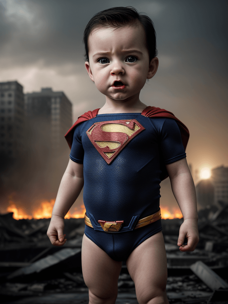 AI generated: Realism, portrait, portrait photography, half body, baby, little superman, dc movie, dc universe, an...