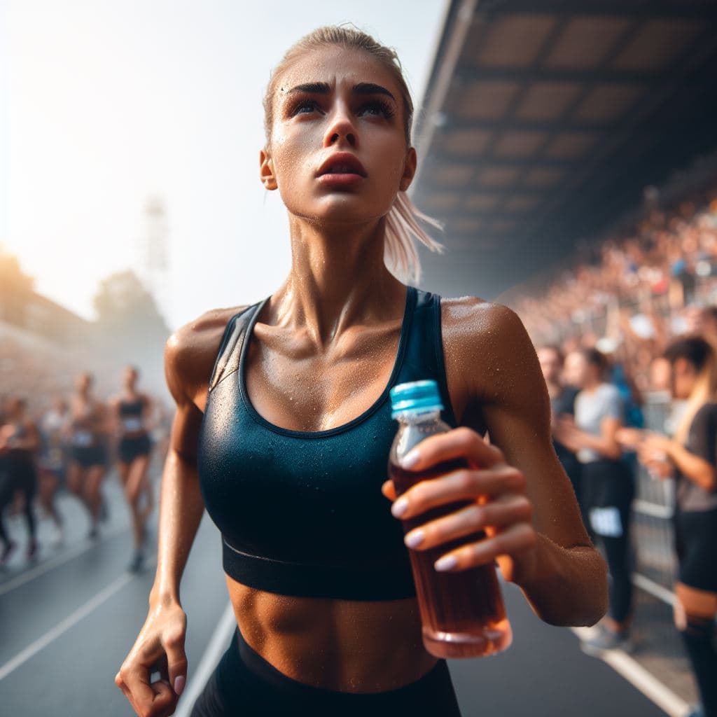 AI generated: an athlete running with an energy drink in her hand (close-up image of the athlete), you can see the...