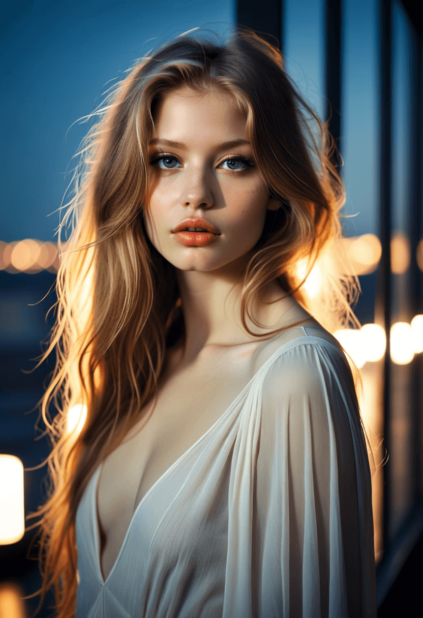 AI generated: silhouette style naturally beautiful woman, alluring, sensuous, no makeup, long dark blonde tousled ...