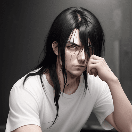AI generated: 1boy, red_pupils, black_hair, long_hair, messy_hair, bangs, hair_between_eyes, stubble, eyebrows_vis...