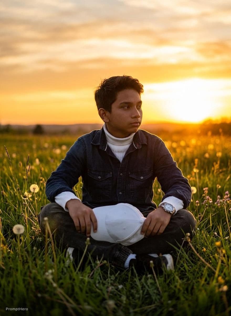AI generated: I am sitting on grass and seeing the sunset 
