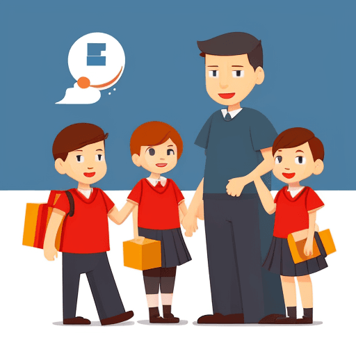 AI generated: Imagine, three characters, family, dad and mom and a boy, the boy have a package, school background,...