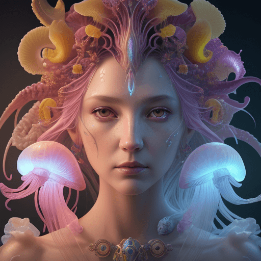 AI generated: Goddess close-up portrait ribcagel. jellyfish phoenix head, nautilus, orchid, skull, betta fish, bio...