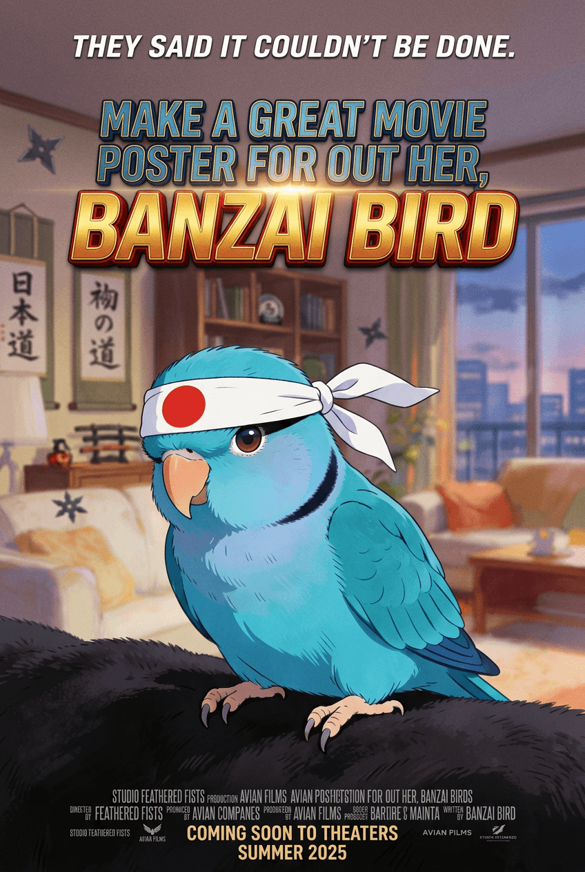 AI generated: Make a great movie poster for out her, Banzai Bird