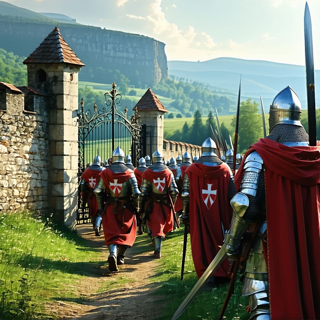 AI generated: The Knights templar arriving at the gates of a medieval village Swords at their side. 