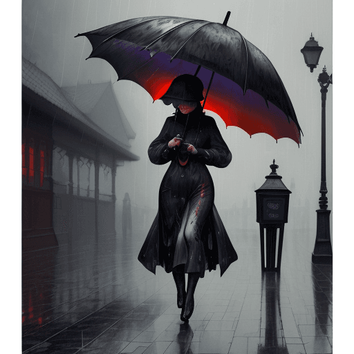 AI generated: Watercolor with ink, woman walking in the rain. The subject is under an umbrella, and her striking f...