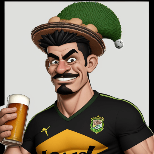 AI generated: a caricature that illustrates a strong soccer Fan, background colour is black, with muscular arms, w...