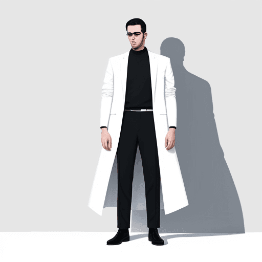 AI generated: A full-length man on a white background in a minimalist style, dressed in style clothes gorpcore