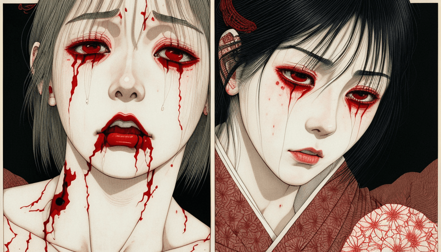 AI generated: Woman crying blood, artwork by Takato Yamamoto and Chika Yamada, very detailed, realistic