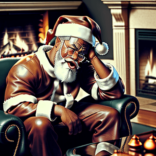 AI generated: ultra detailed photograph close up, front view frustrated African American Santa, hand on head, sitt...