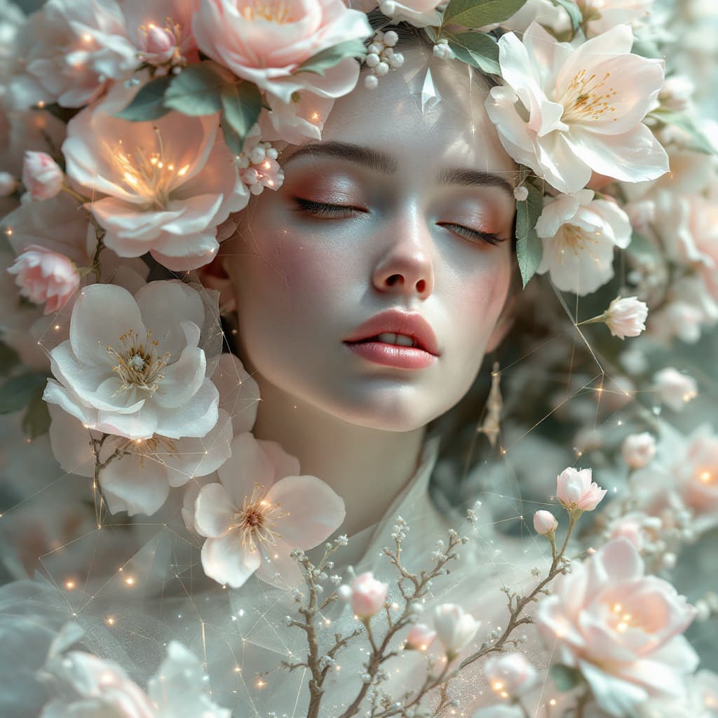 AI generated: A futuristic ethereal female portrait with subtle elven features, surrounded by blooming flowers and...