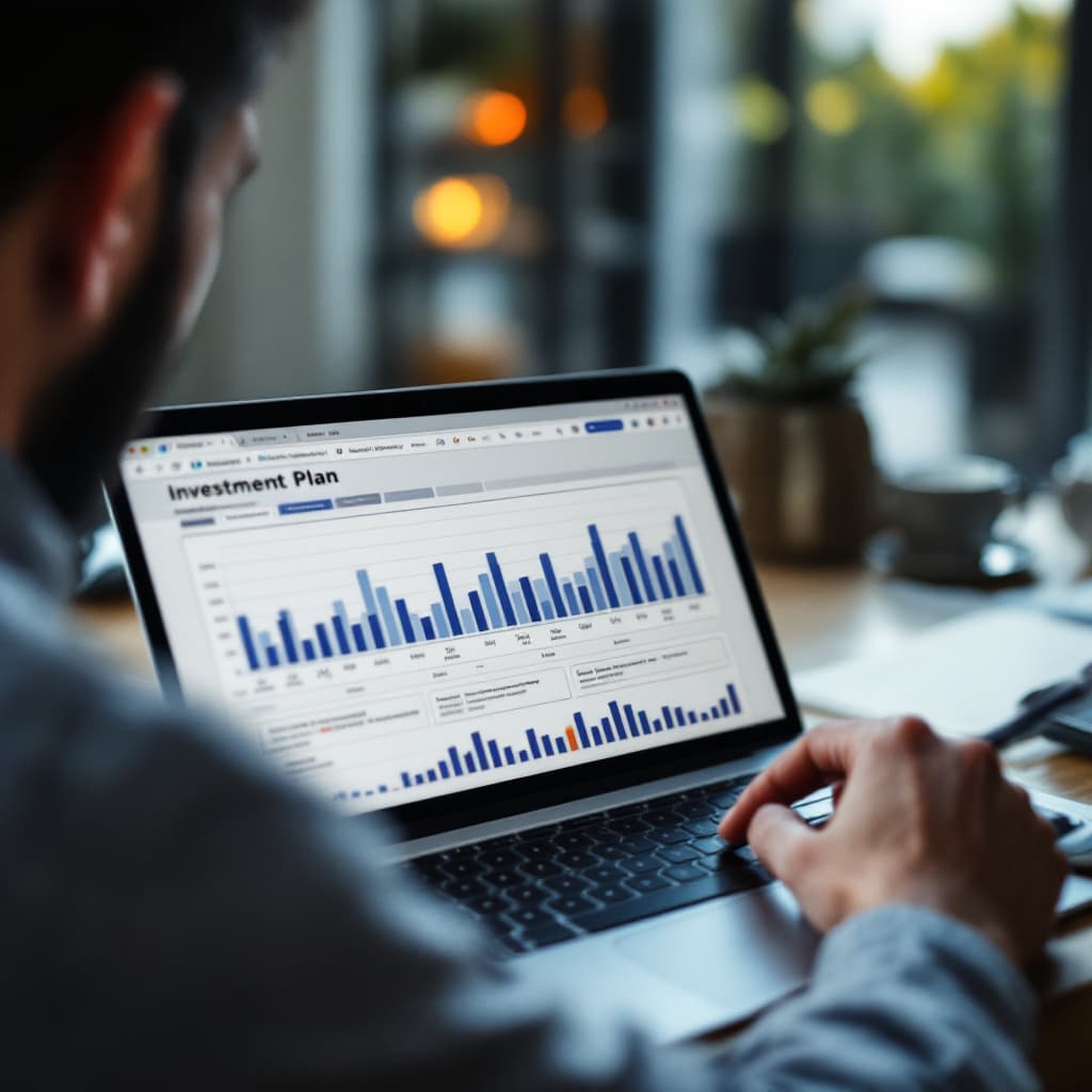 AI generated: A person reviewing an investment plan on a laptop. dslr, ultra quality, sharp focus, tack sharp, dof...