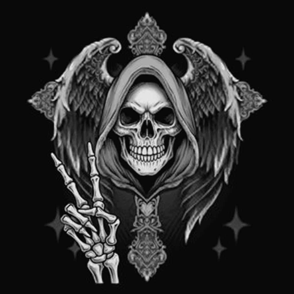 AI generated: Angel of death with a smile on his face holding a peace sign
