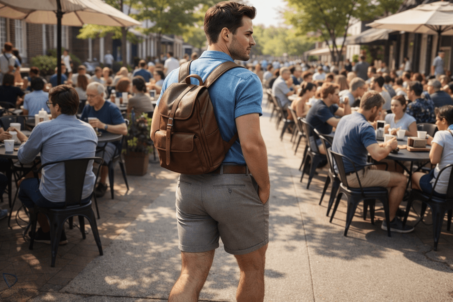 AI generated: In a sunny morning at a nice neighborhood. The model walking among a lot of people at a coffee shop ...