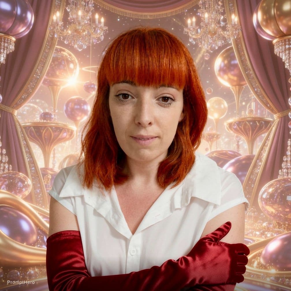 AI generated: erotic woman ,in a luxuriously sureal Dimension, she is complete Ginger-haired ,red satin gloves