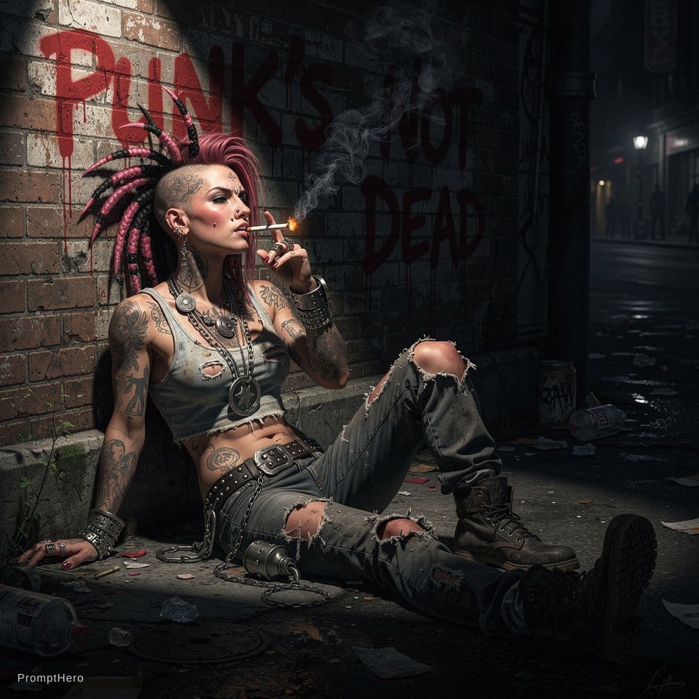 AI generated: a slender punk female sitting reclined against the wall of a dark street savoring a short cigarette,...