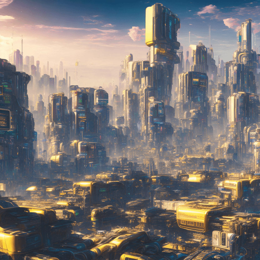 AI generated:  a bright sunny hopeful sythwave cyberpunk utopia 8k photorealism detailed, large sky, golden and wh...