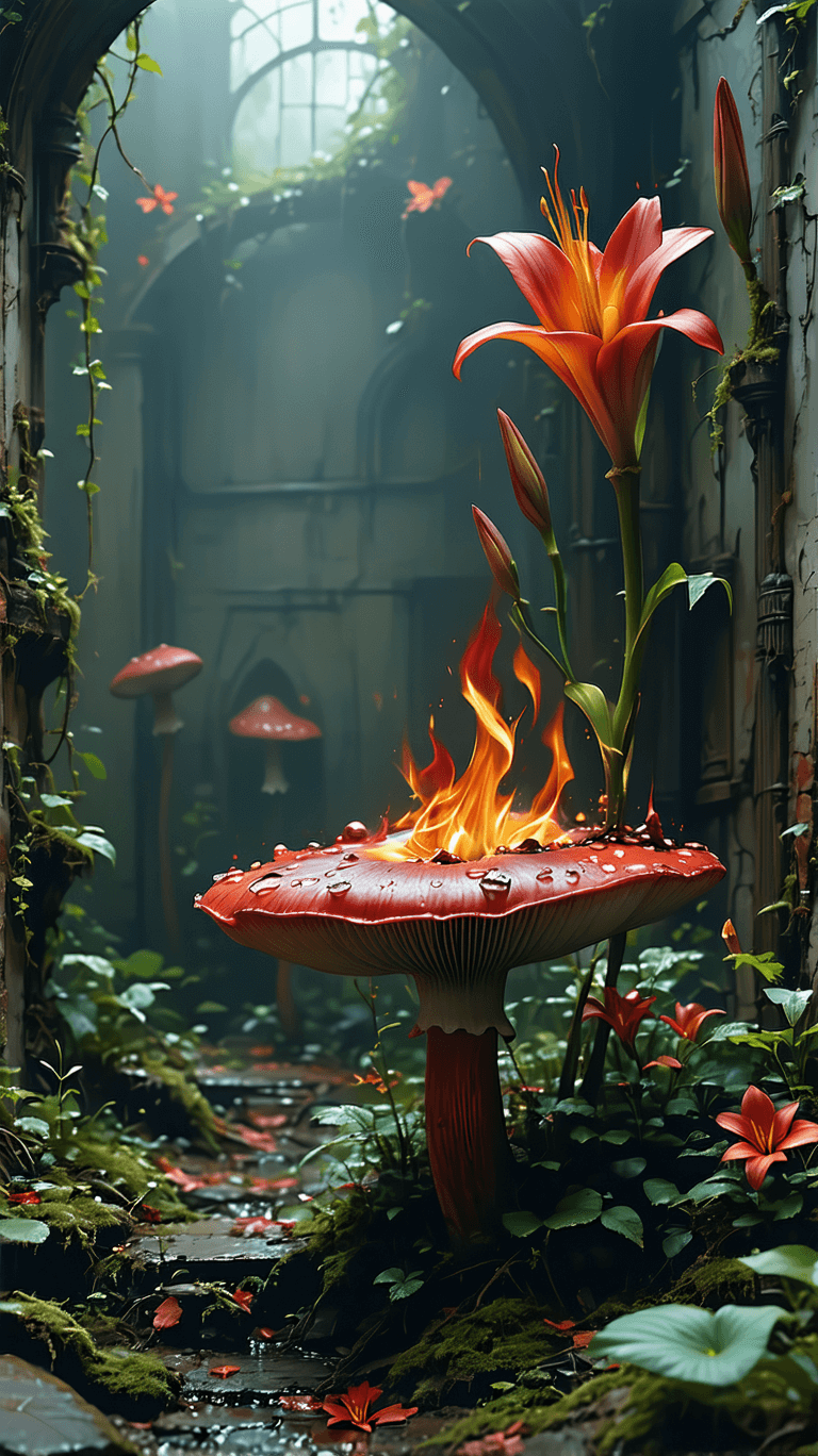 AI generated: cinematic, high resolutions, candid shot, psychodelic world, color red, deep fog, Mushrooms and lill...